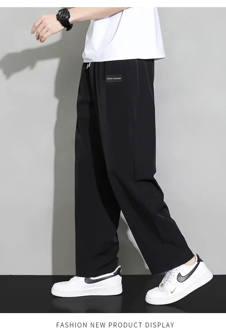 Men's Black Ice Silk Wide Leg Pants Hanging Sense — feature 11