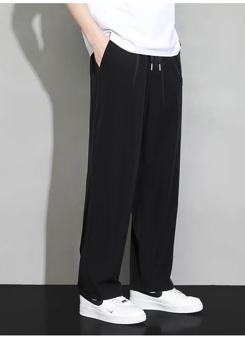 Men's Black Ice Silk Wide Leg Pants Hanging Sense — feature 12