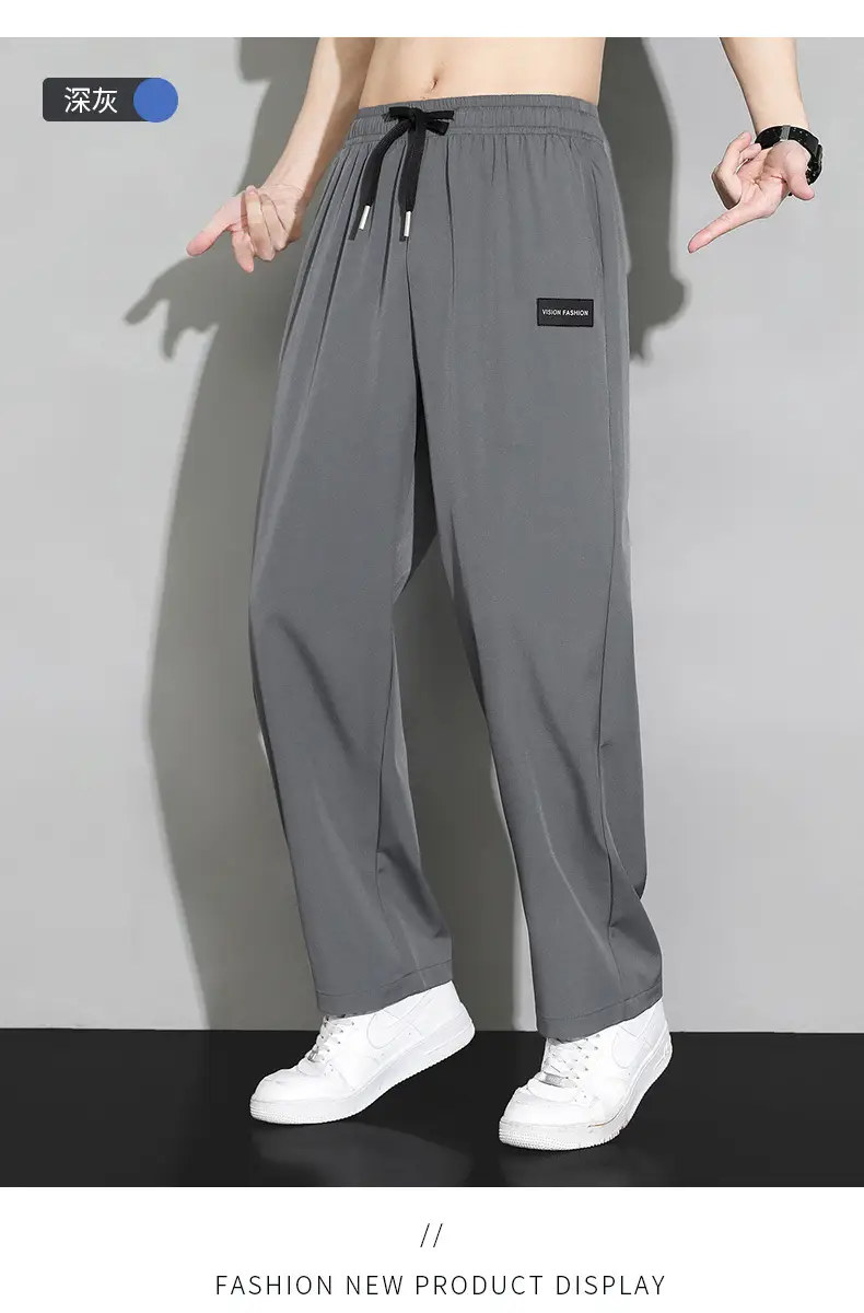 Men's Black Ice Silk Wide Leg Pants Hanging Sense — feature 13