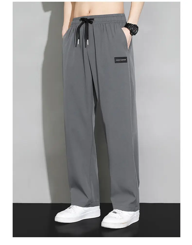 Men's Black Ice Silk Wide Leg Pants Hanging Sense — feature 14