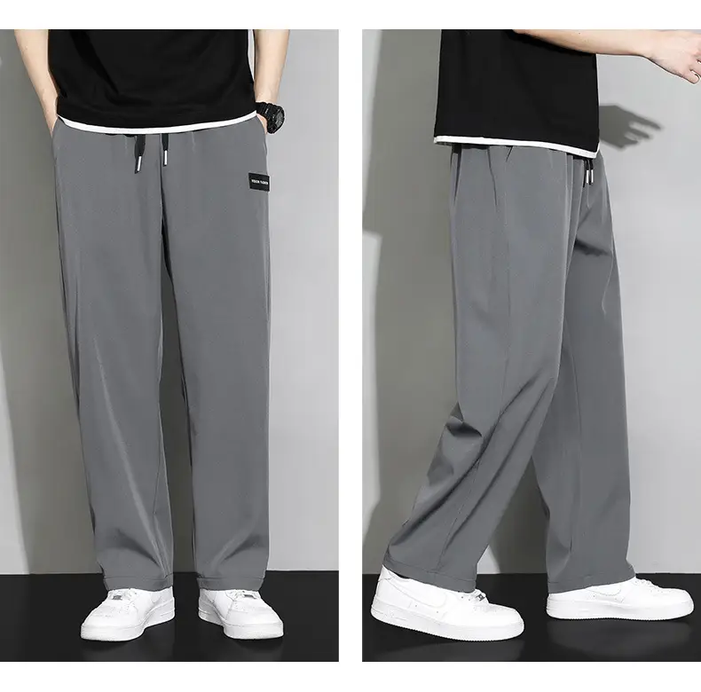 Men's Black Ice Silk Wide Leg Pants Hanging Sense — feature 15