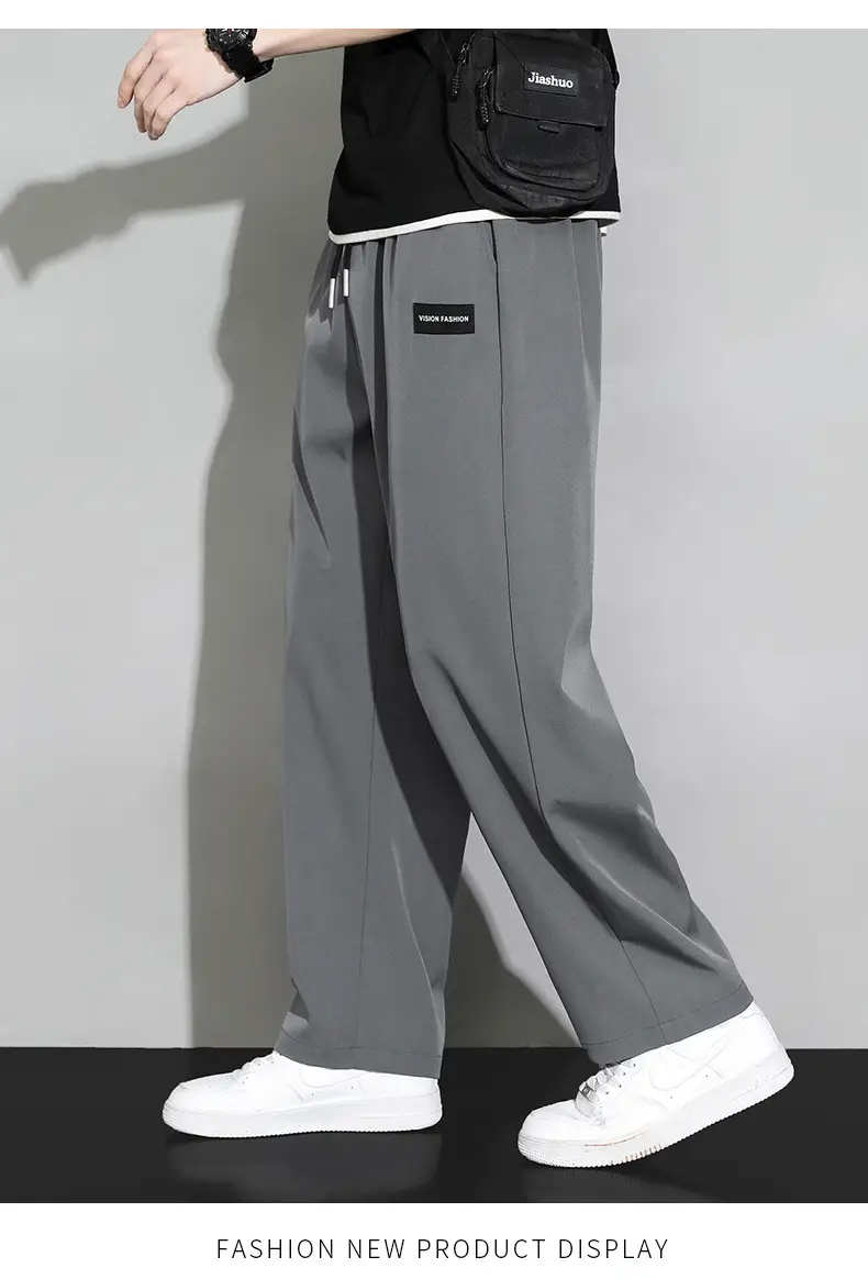 Men's Black Ice Silk Wide Leg Pants Hanging Sense — feature 16
