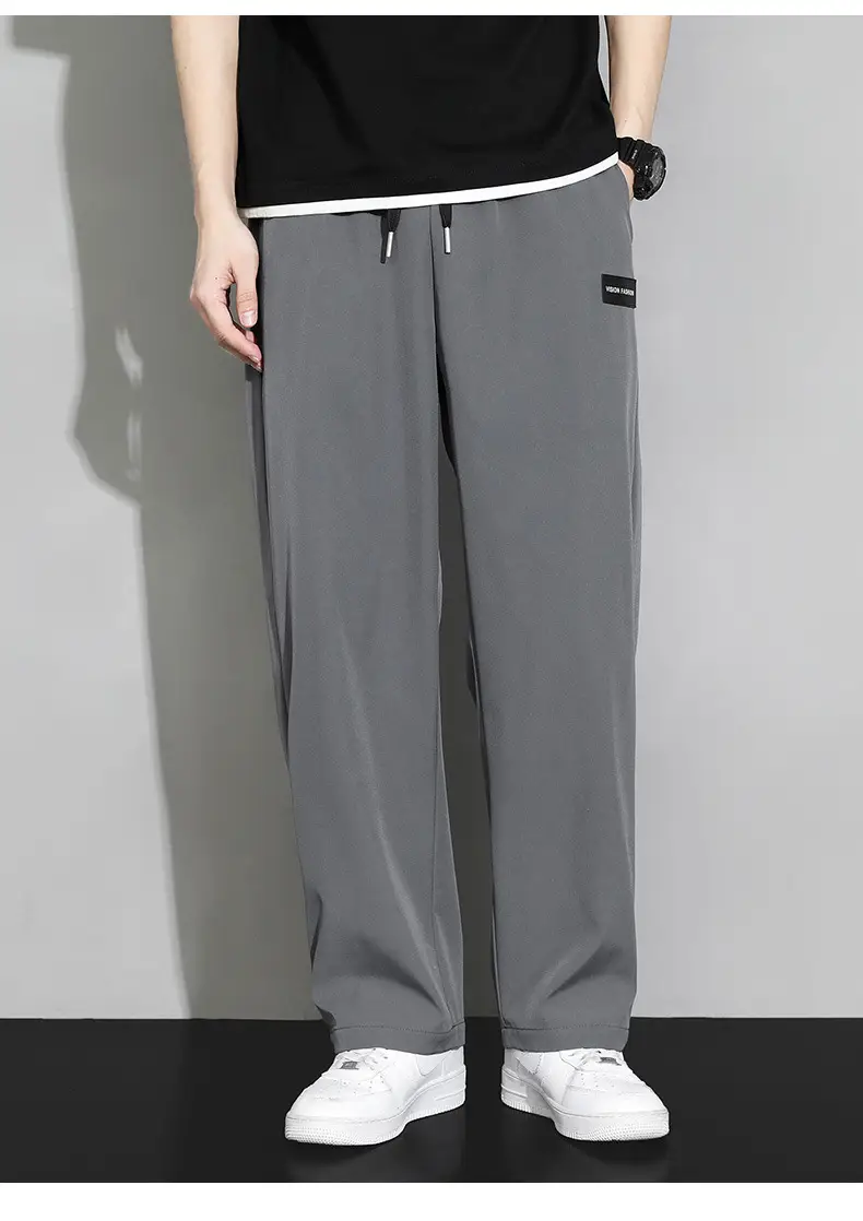 Men's Black Ice Silk Wide Leg Pants Hanging Sense — feature 17