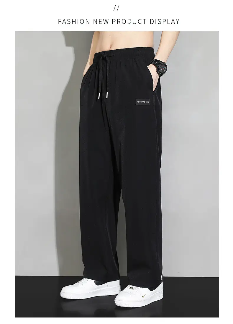 Men's Black Ice Silk Wide Leg Pants Hanging Sense — feature 9