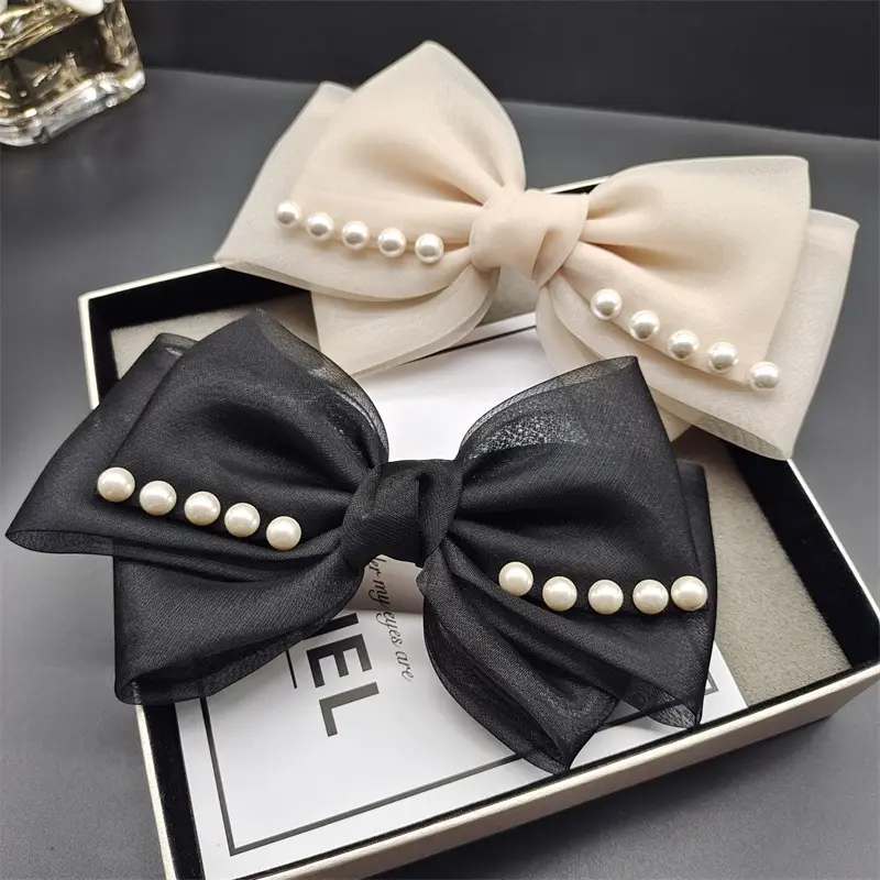 Black Organza Pearl Bow Hairpin for Women - Image 3