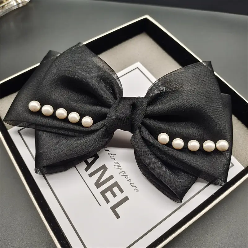 Black Organza Pearl Bow Hairpin for Women - Image 5