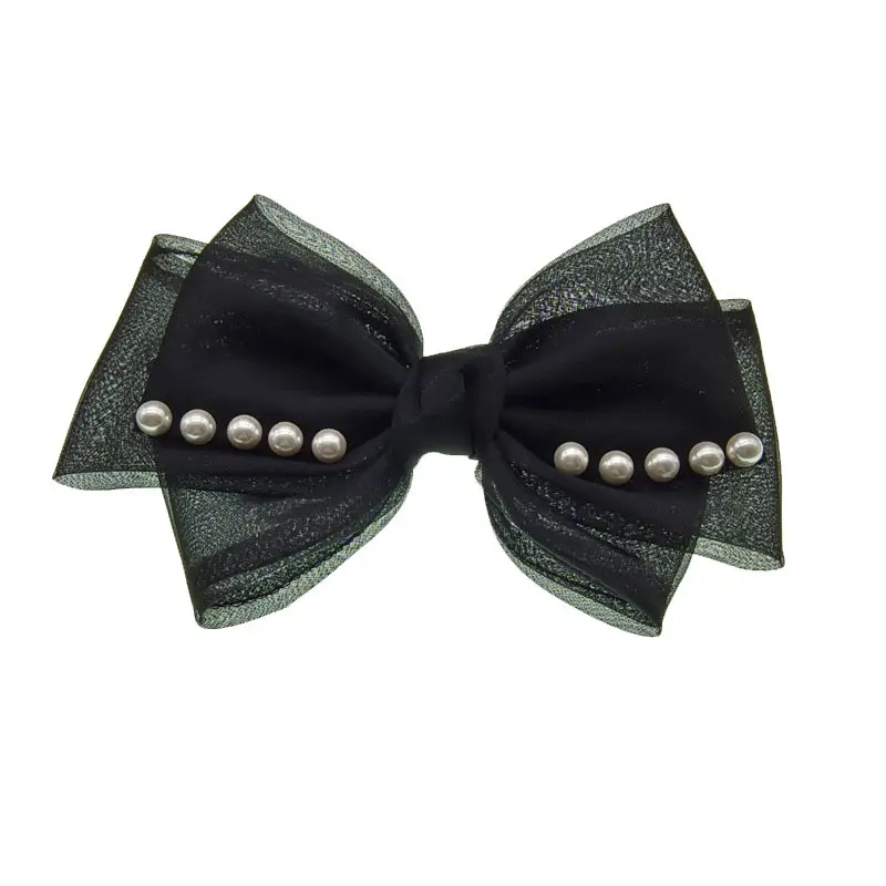 Black Organza Pearl Bow Hairpin for Women - Image 7