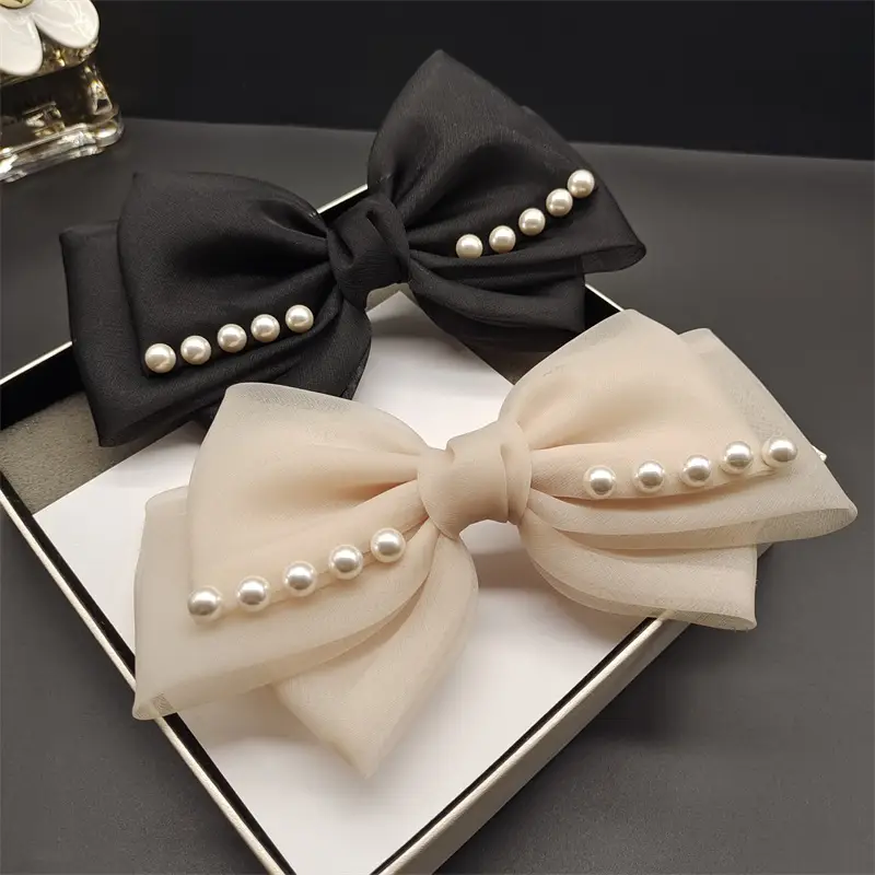 Black Organza Pearl Bow Hairpin for Women — feature 2
