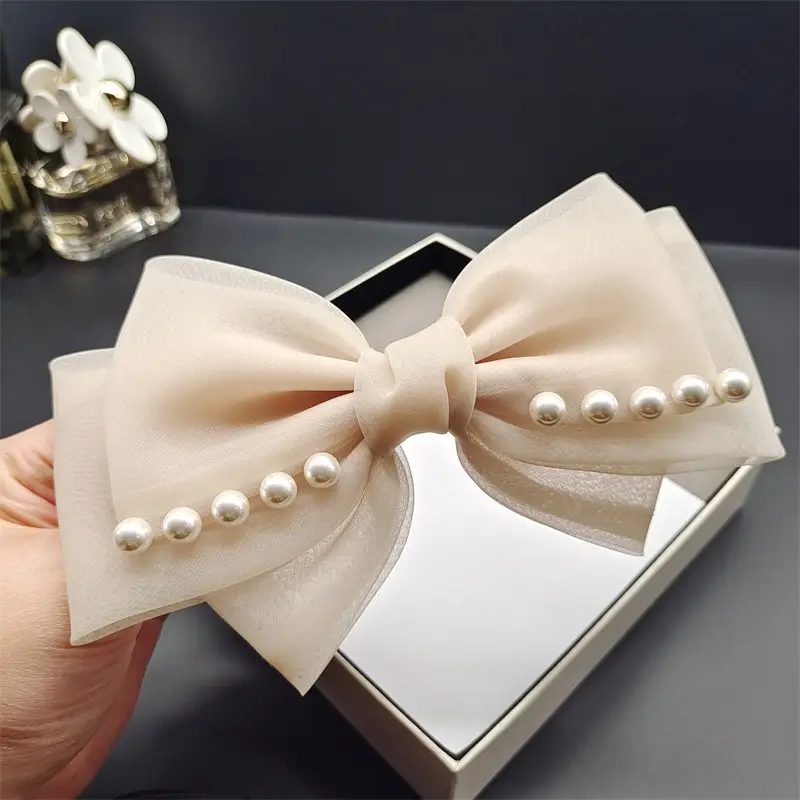 Black Organza Pearl Bow Hairpin for Women — feature 3