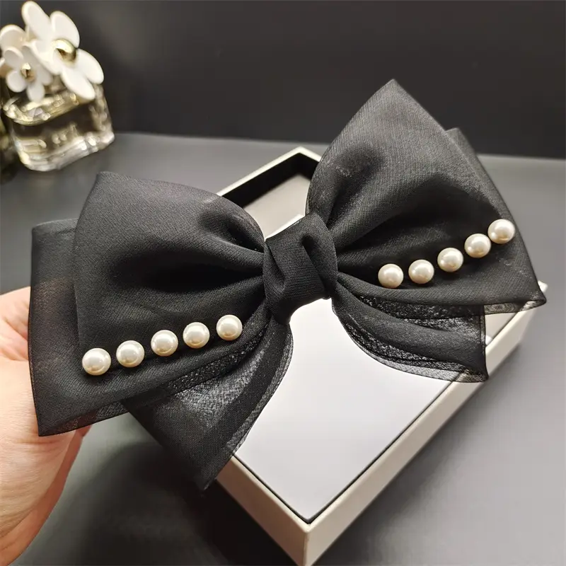 Black Organza Pearl Bow Hairpin for Women — feature 4