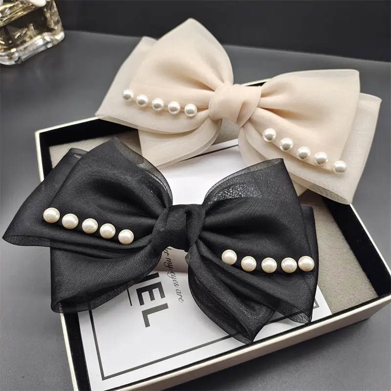 Black Organza Pearl Bow Hairpin for Women — feature 5