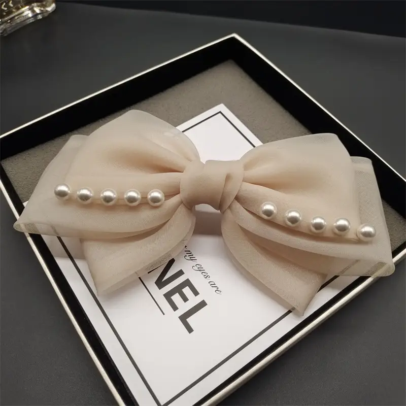 Black Organza Pearl Bow Hairpin for Women — feature 6