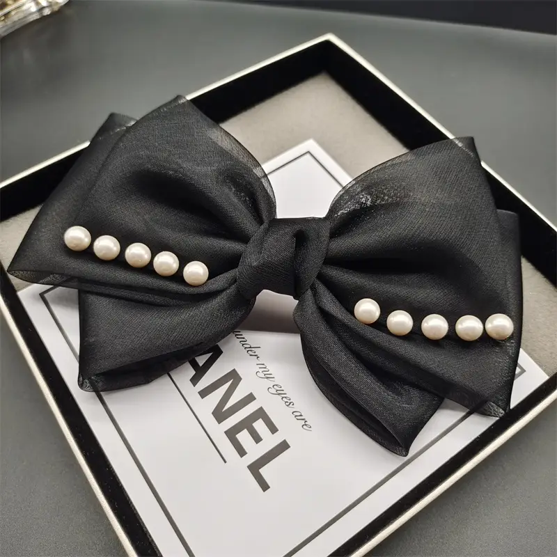 Black Organza Pearl Bow Hairpin for Women — feature 7