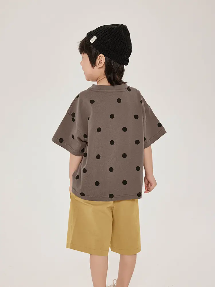 Kids Retro Polka Dot T-Shirt Brown Yellow Shorts Set - Image 4