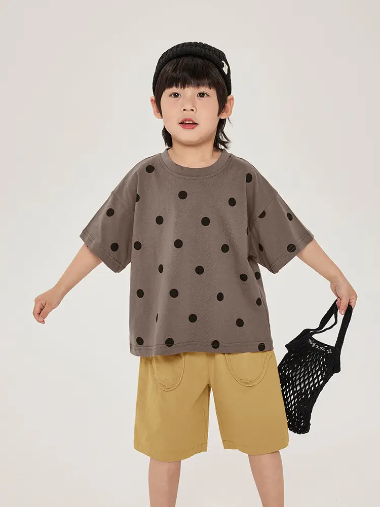 Kids Retro Polka Dot T-Shirt Brown Yellow Shorts Set - Image 5