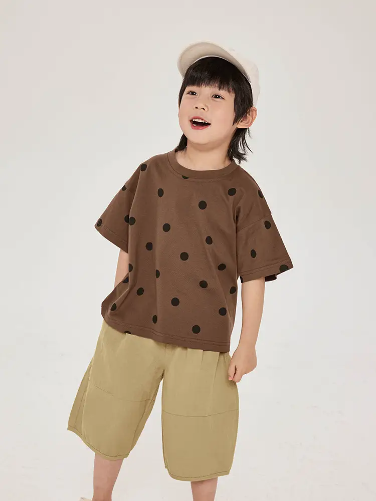Kids Retro Polka Dot T-Shirt Brown Yellow Shorts Set - Image 6