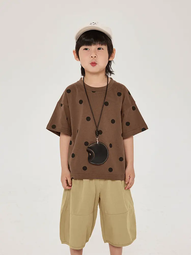 Kids Retro Polka Dot T-Shirt Brown Yellow Shorts Set - Image 7