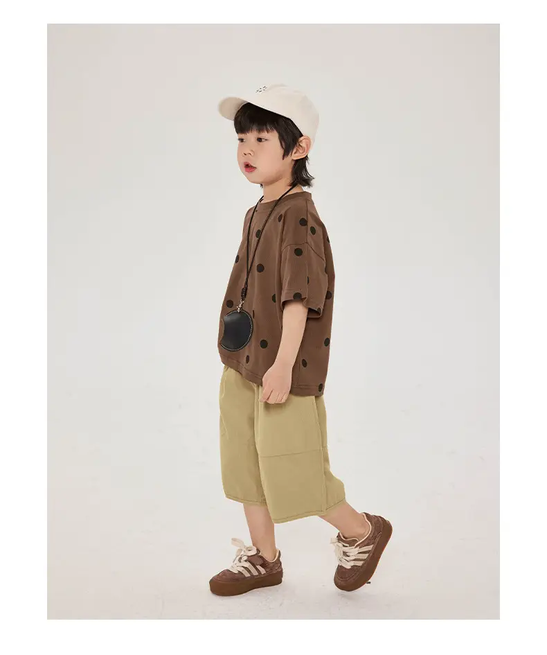 Kids Retro Polka Dot T-Shirt Brown Yellow Shorts Set — feature 12