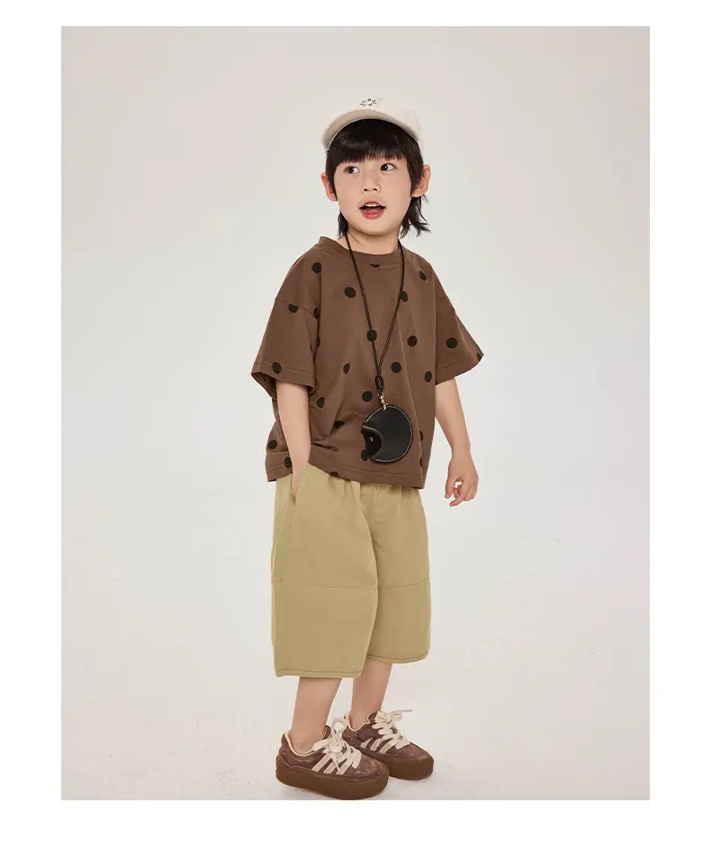 Kids Retro Polka Dot T-Shirt Brown Yellow Shorts Set — feature 13