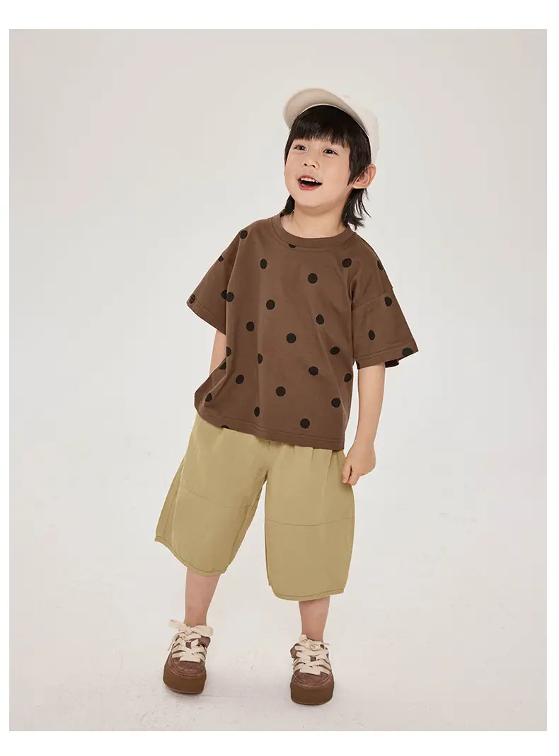 Kids Retro Polka Dot T-Shirt Brown Yellow Shorts Set — feature 14
