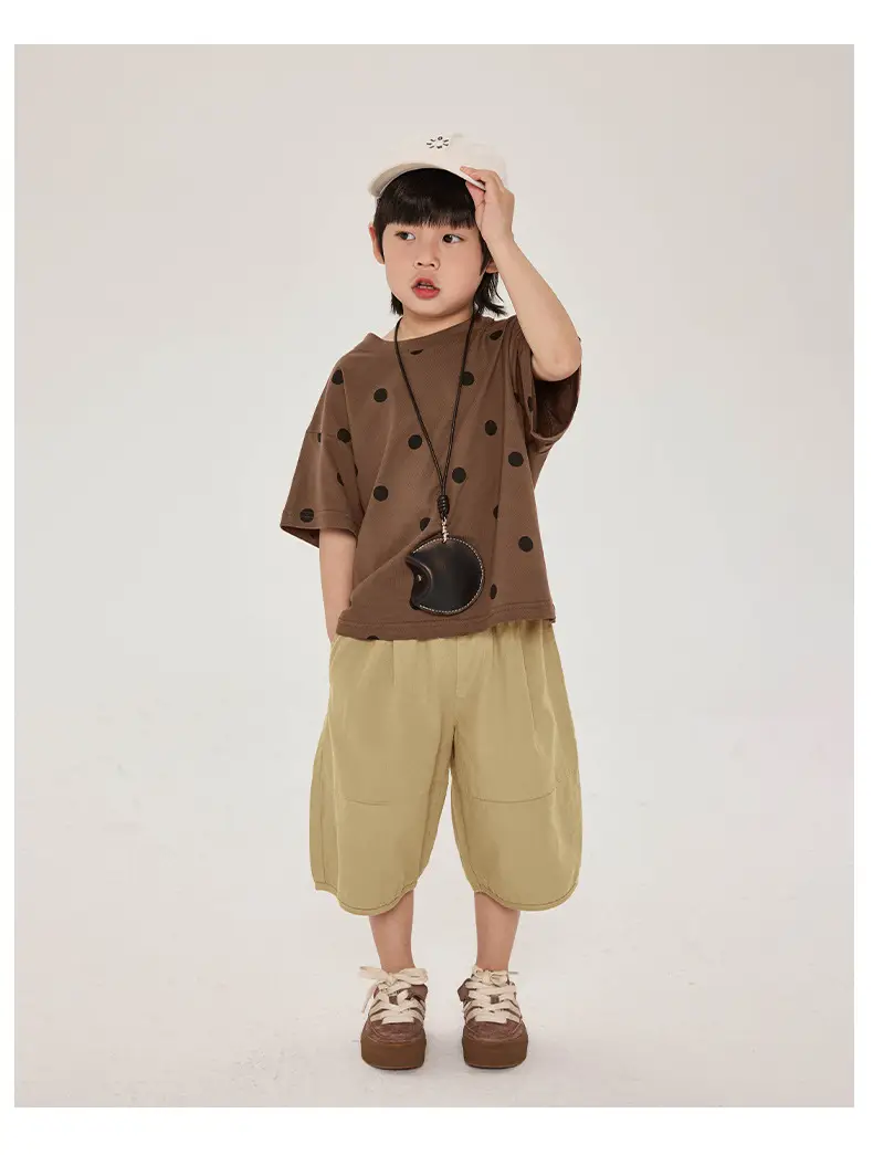 Kids Retro Polka Dot T-Shirt Brown Yellow Shorts Set — feature 15
