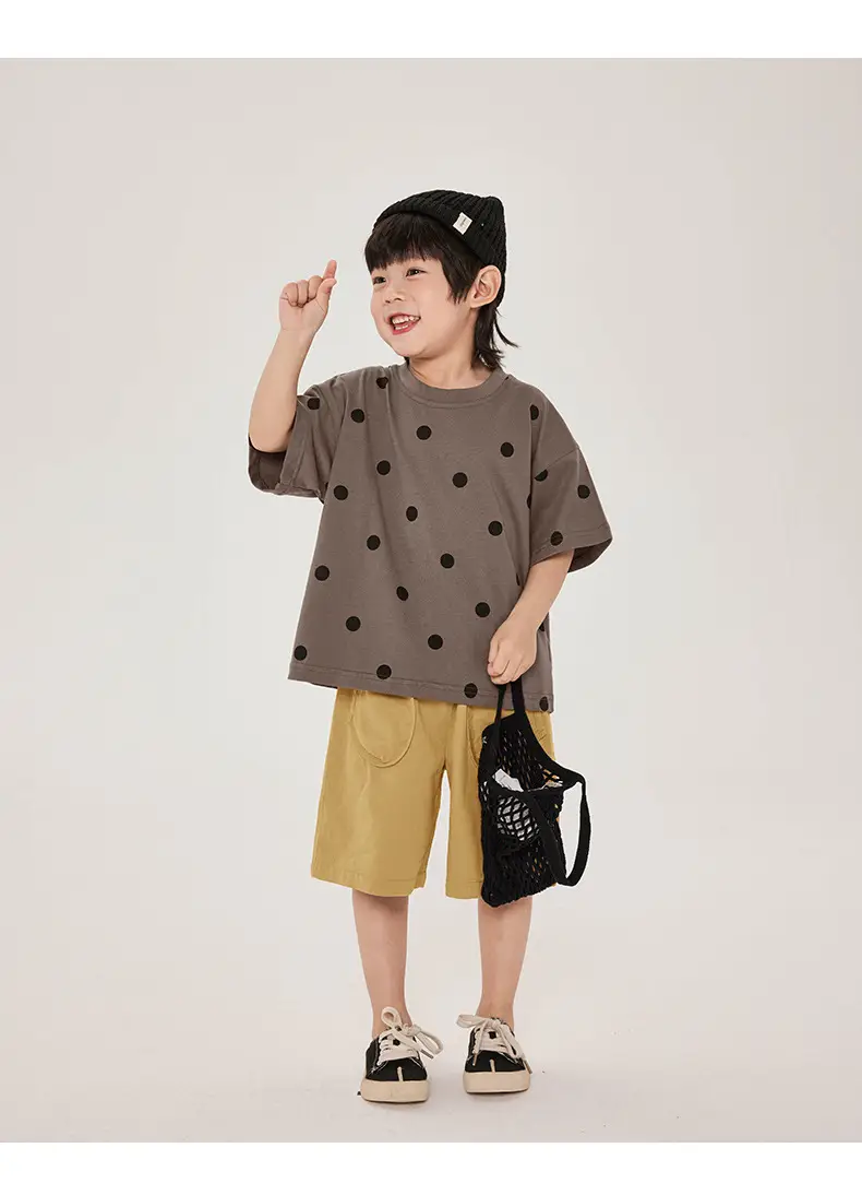 Kids Retro Polka Dot T-Shirt Brown Yellow Shorts Set — feature 16