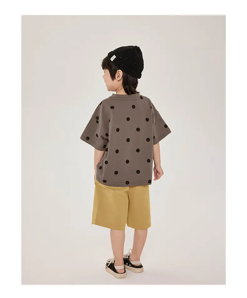 Kids Retro Polka Dot T-Shirt Brown Yellow Shorts Set — feature 17