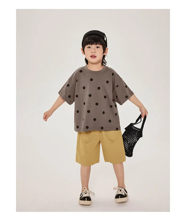Kids Retro Polka Dot T-Shirt Brown Yellow Shorts Set — feature 18