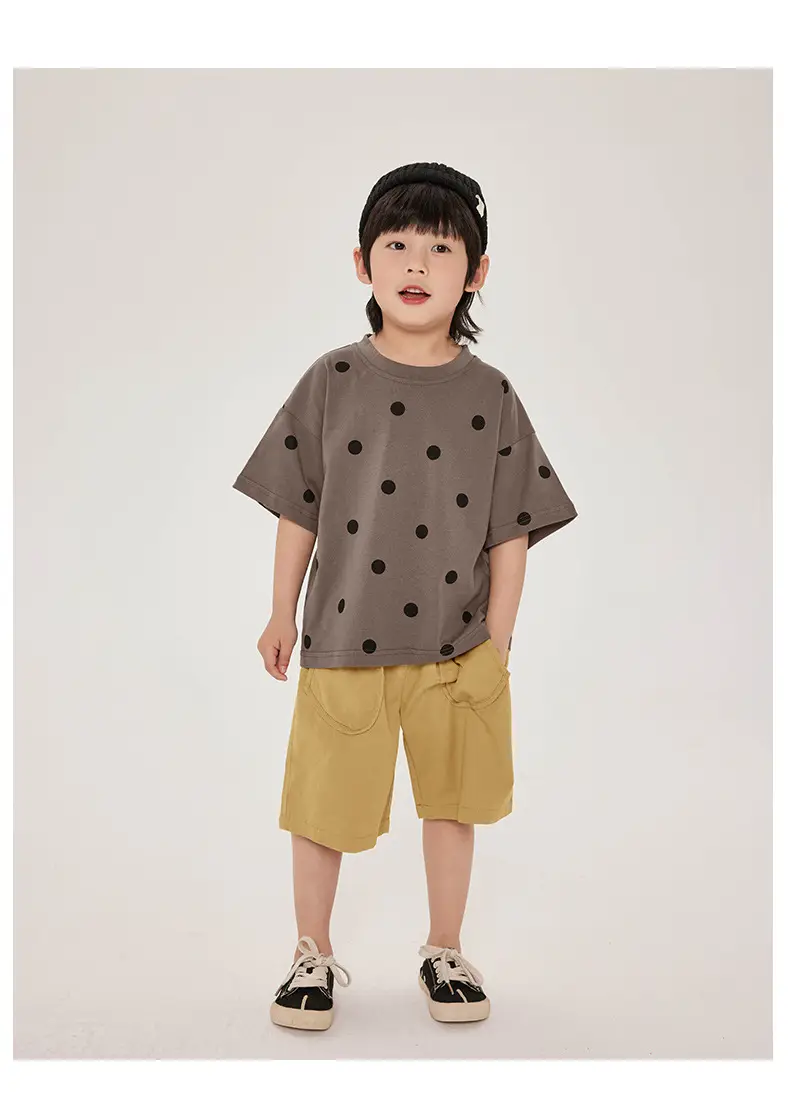 Kids Retro Polka Dot T-Shirt Brown Yellow Shorts Set — feature 19