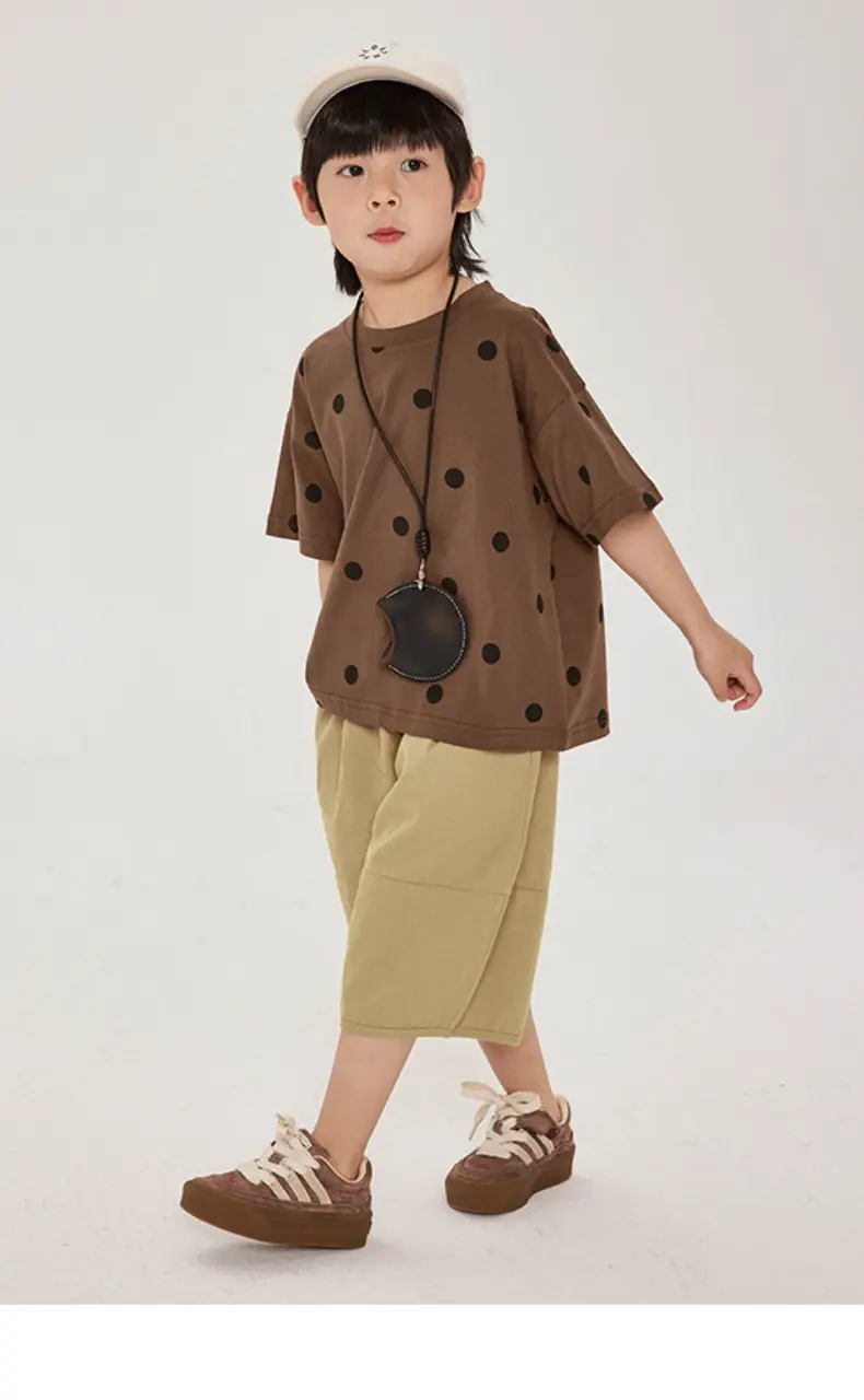 Kids Retro Polka Dot T-Shirt Brown Yellow Shorts Set — feature 2