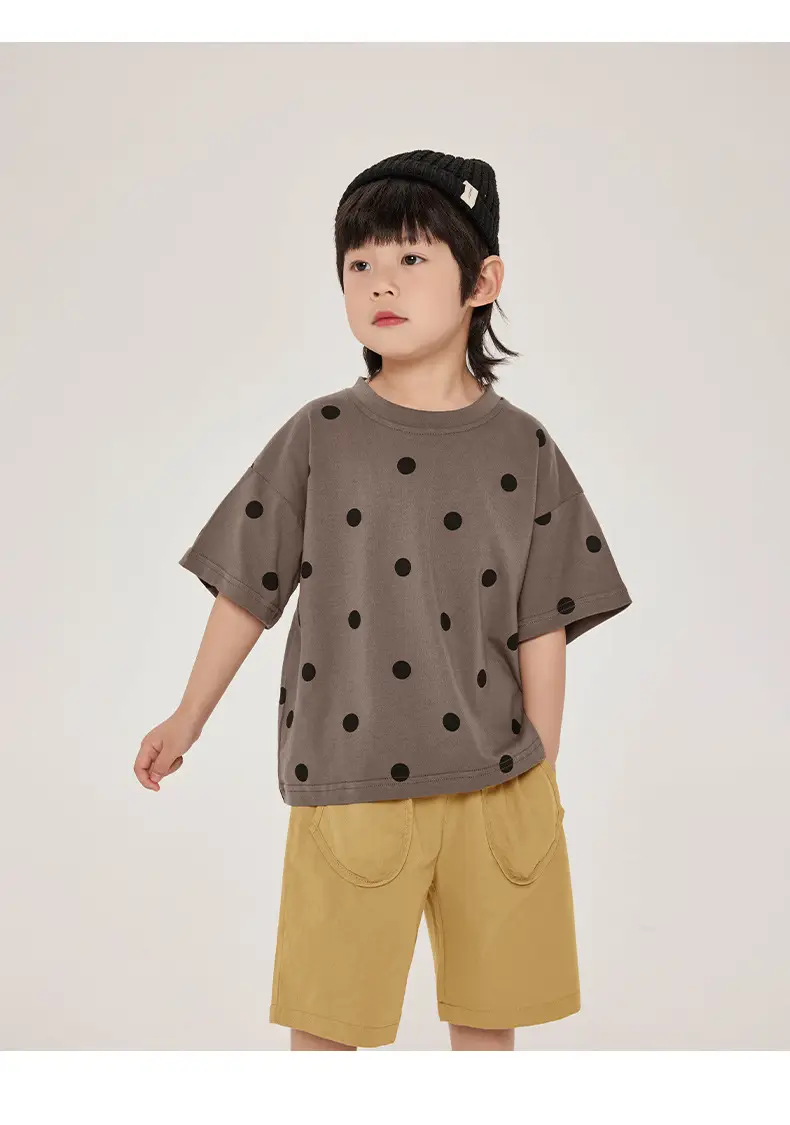 Kids Retro Polka Dot T-Shirt Brown Yellow Shorts Set — feature 20