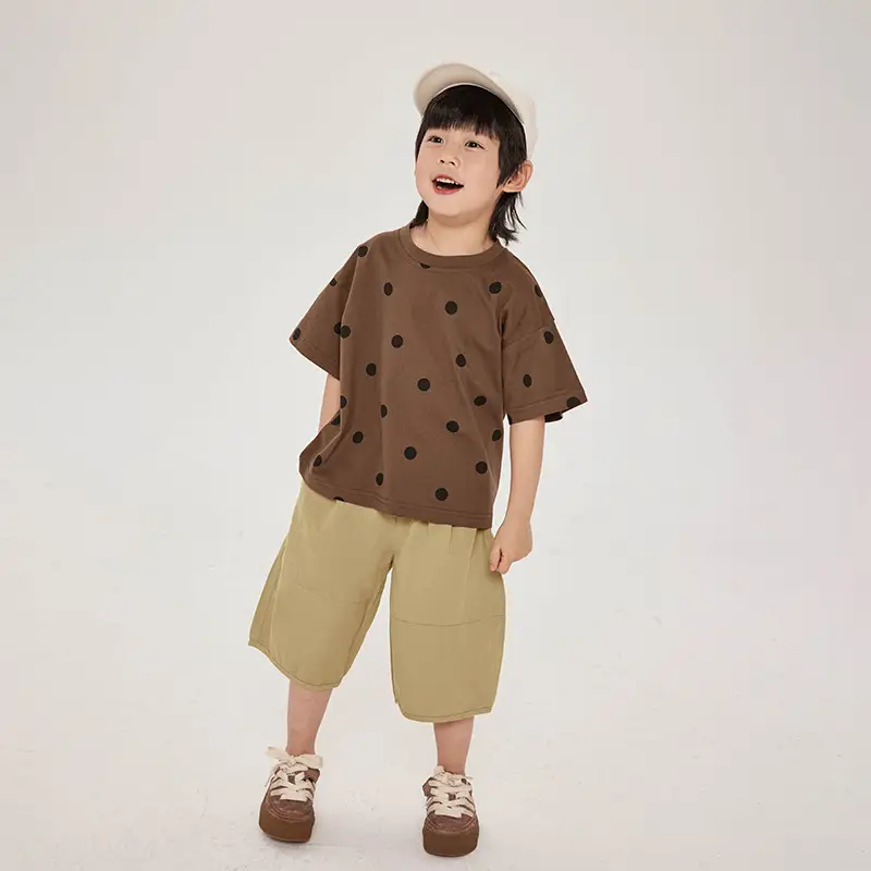 Kids Retro Polka Dot T-Shirt Brown Yellow Shorts Set - Image 2