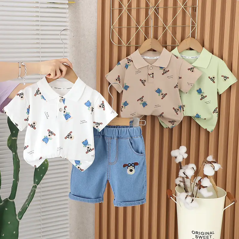 2024 Summer Boys Lel Polo Short Sleeve Set with Denim Shorts - Image 4