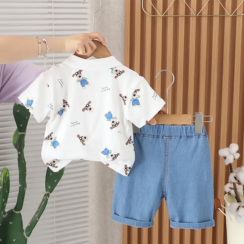 2024 Summer Boys Lel Polo Short Sleeve Set with Denim Shorts - Image 5