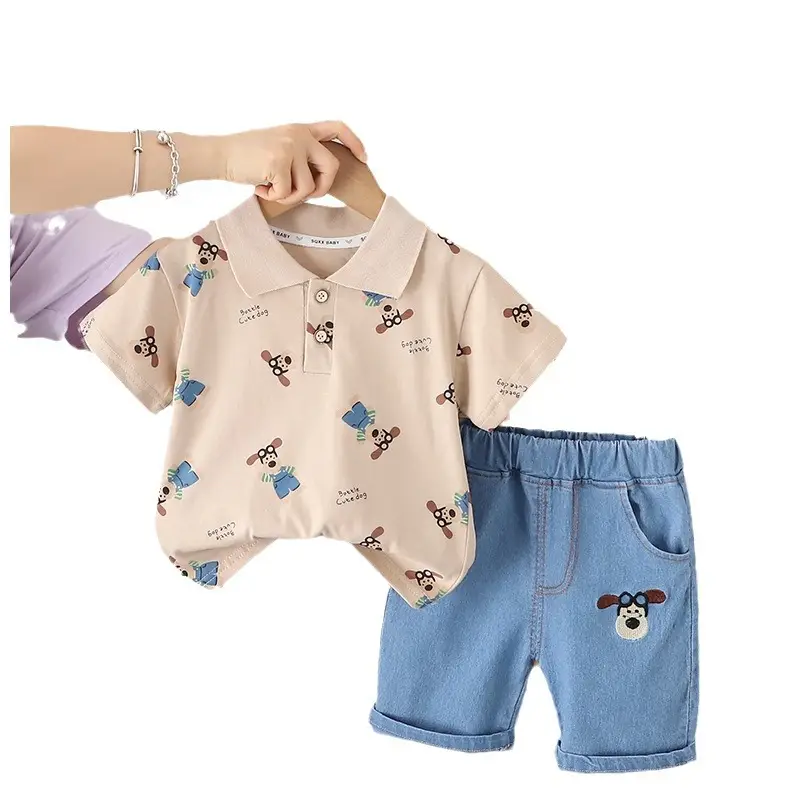 2024 Summer Boys Lel Polo Short Sleeve Set with Denim Shorts - Image 6
