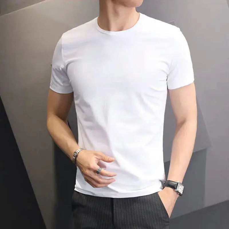 Men White Slim Fit T-Shirt Short Sleeve 2024 - Image 3