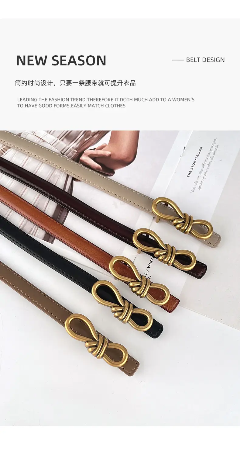 Women's Vintage Leather Belt with Gold Buckle — feature 5