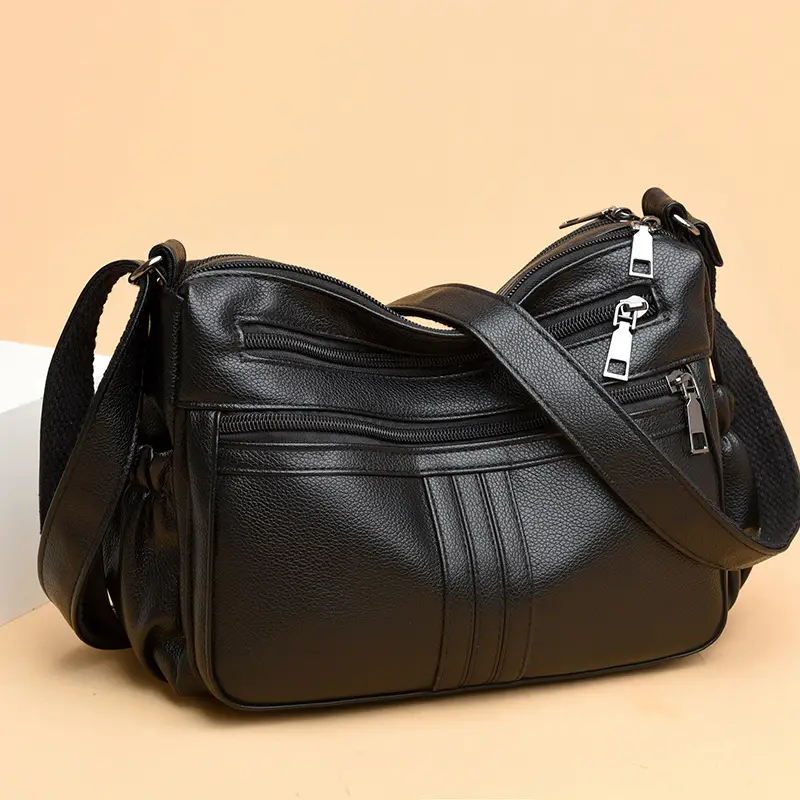 Black PU Leather Textured Crossbody Bag for Women