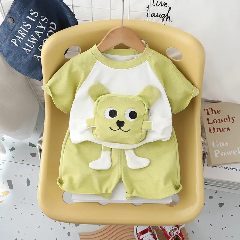 Cute Bear Print Blue Kids T-Shirt Shorts Set - Image 4