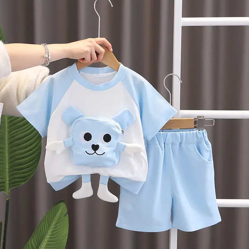Cute Bear Print Blue Kids T-Shirt Shorts Set - Image 5