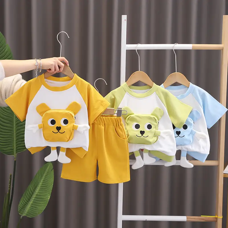 Cute Bear Print Blue Kids T-Shirt Shorts Set - Image 7
