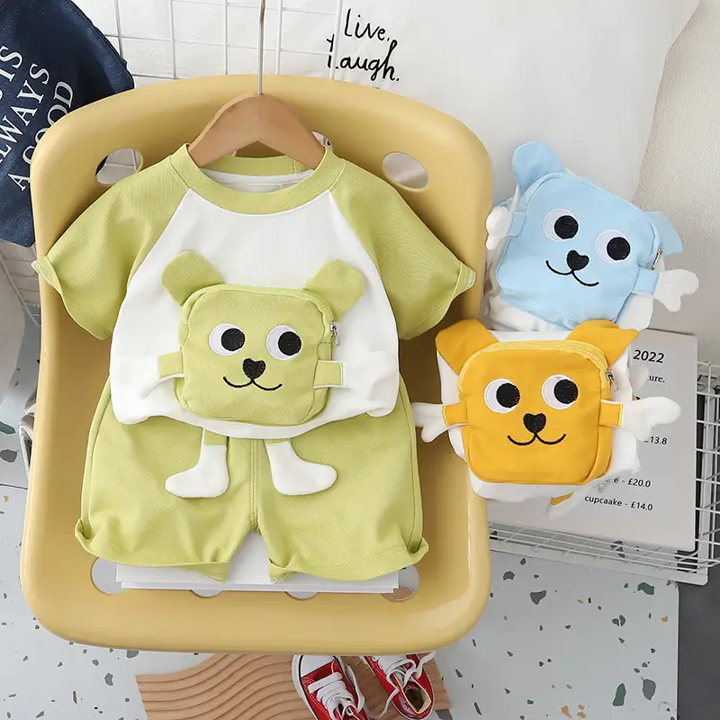 Cute Bear Print Blue Kids T-Shirt Shorts Set — feature 1