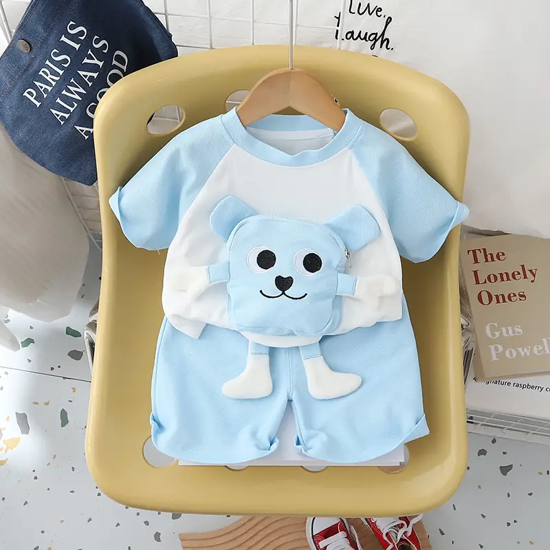 Cute Bear Print Blue Kids T-Shirt Shorts Set — feature 2