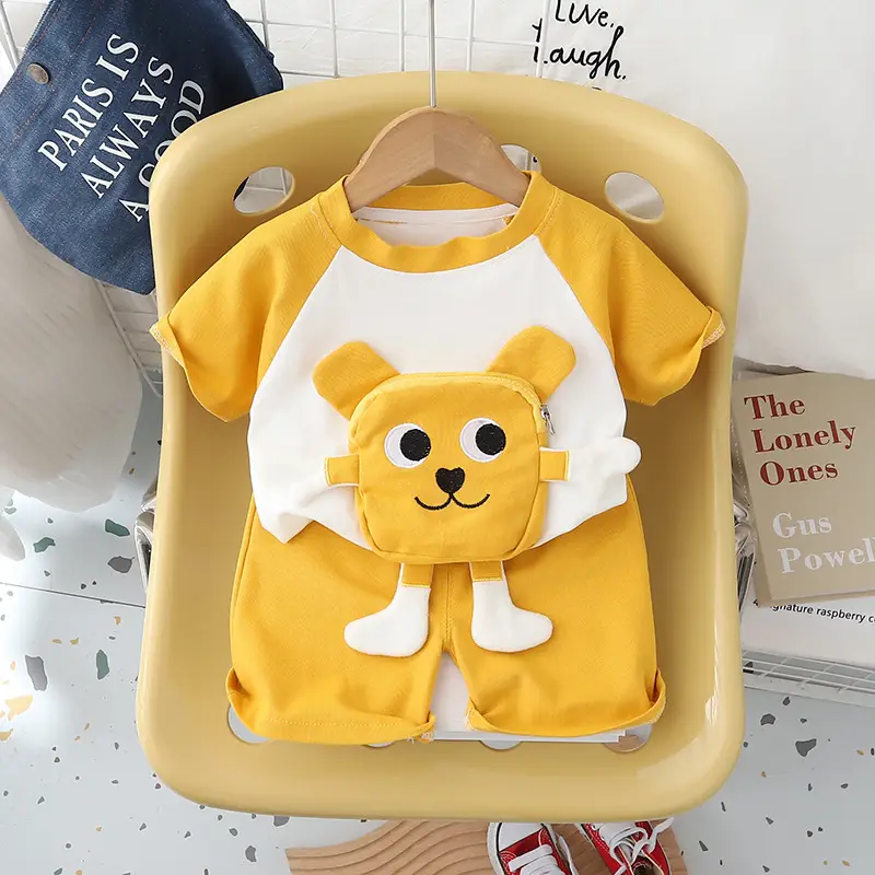 Cute Bear Print Blue Kids T-Shirt Shorts Set — feature 3