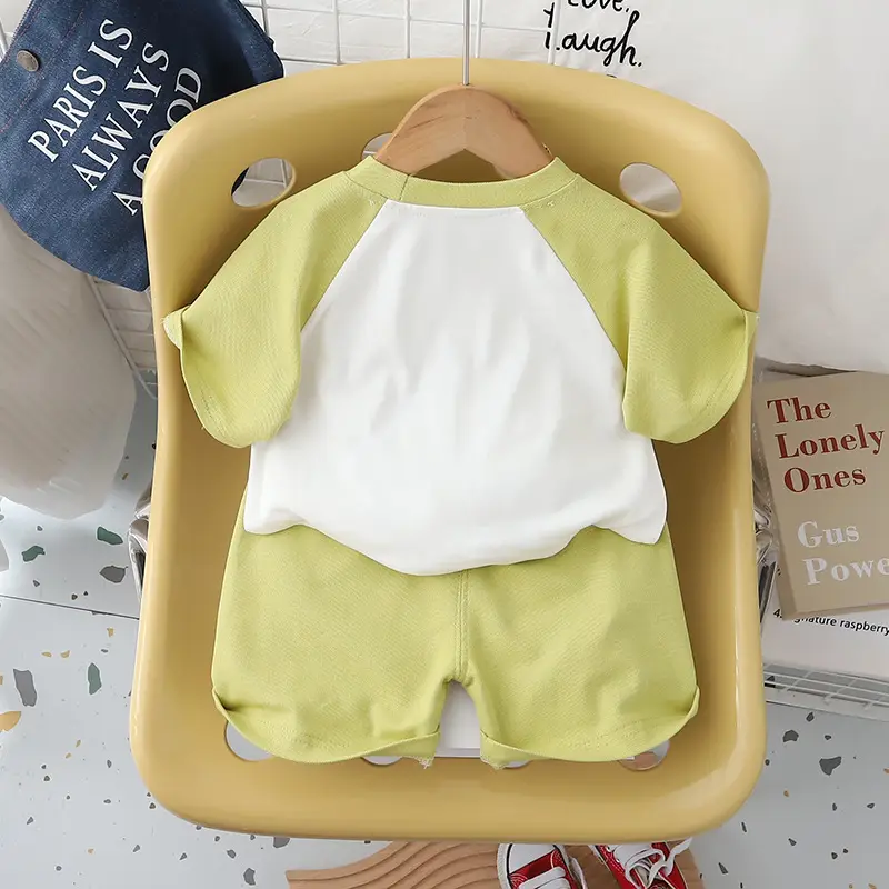 Cute Bear Print Blue Kids T-Shirt Shorts Set — feature 5