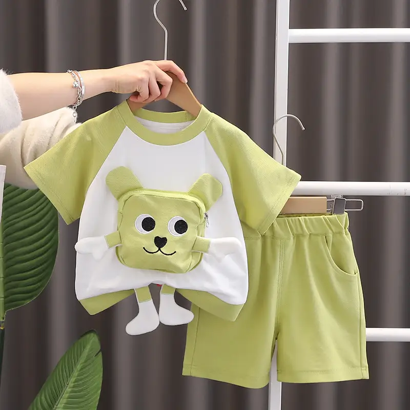 Cute Bear Print Blue Kids T-Shirt Shorts Set — feature 8