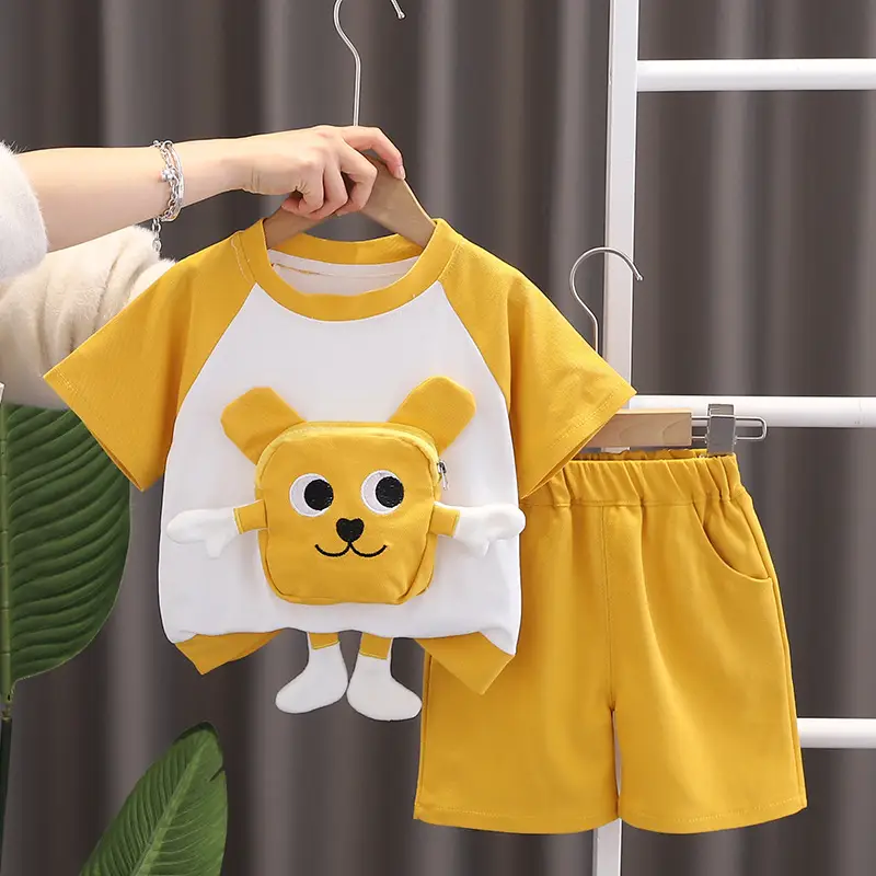 Cute Bear Print Blue Kids T-Shirt Shorts Set — feature 9