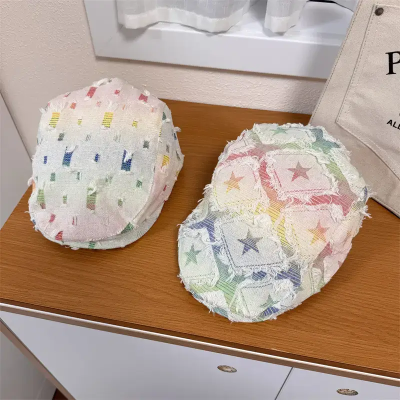 Women's Anti-Face Korean Plaid Beret Cap Small - Image 3