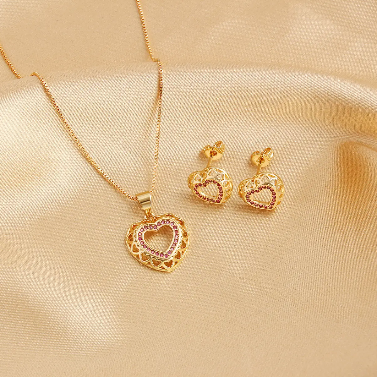 Gold Plated Heart Necklace & Earring Set for Women - Image 2