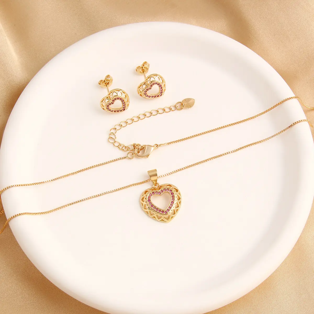 Gold Plated Heart Necklace & Earring Set for Women - Image 4